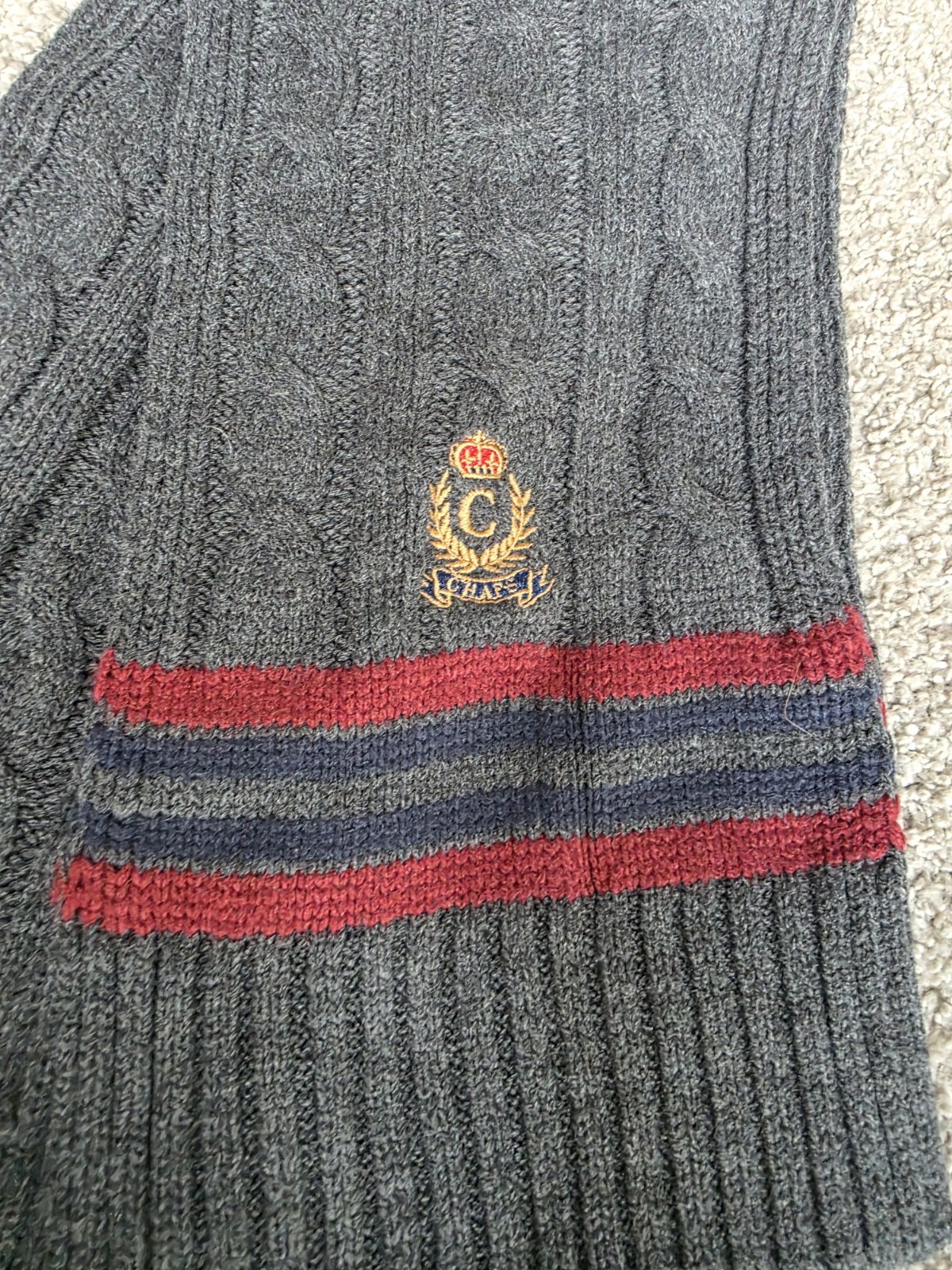 Vintage Chaps by Ralph Lauren Cable Knit Scarf With Embroidered Crown Crest Logo