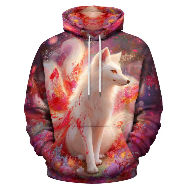 White Fox Floral Fantasy Animal Graphic Print 3D Hoodie