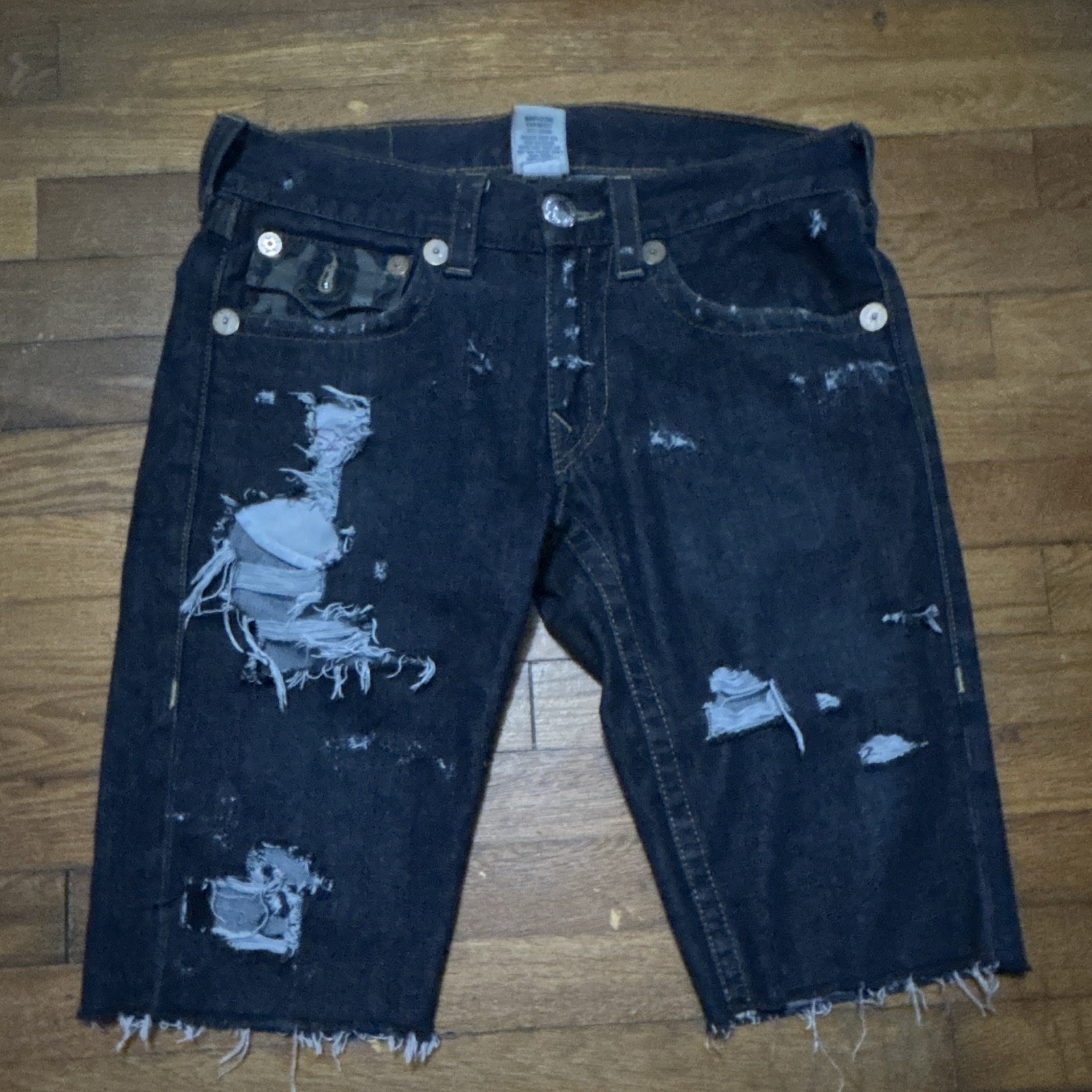 True Religion Dark Wash Blue Denim Cut Off Shorts Distressed Logo 5-Pocket