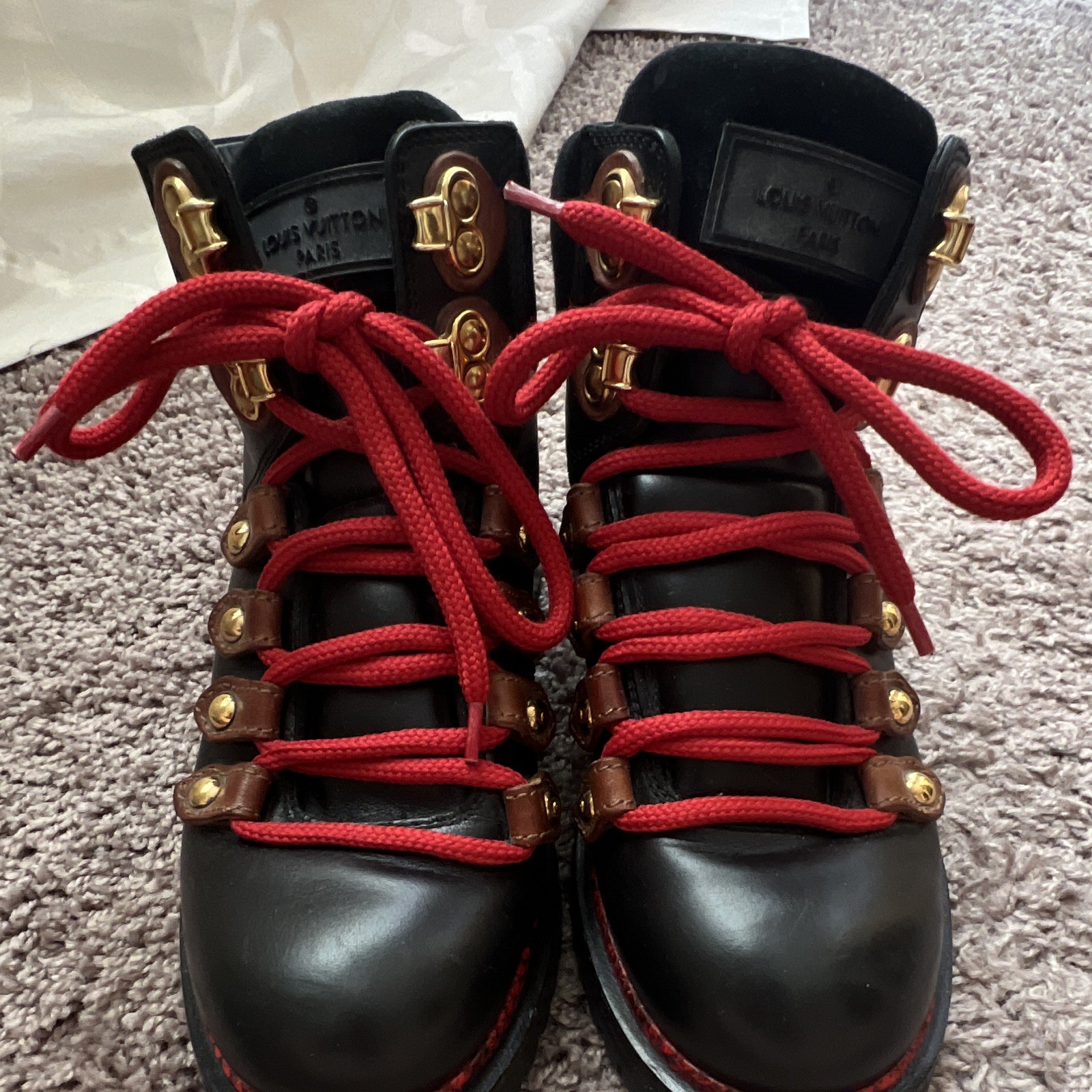 Louis Vuitton Women’s Leather Hiker Ankle Boots Red Laces Lug Sole EU 36.5