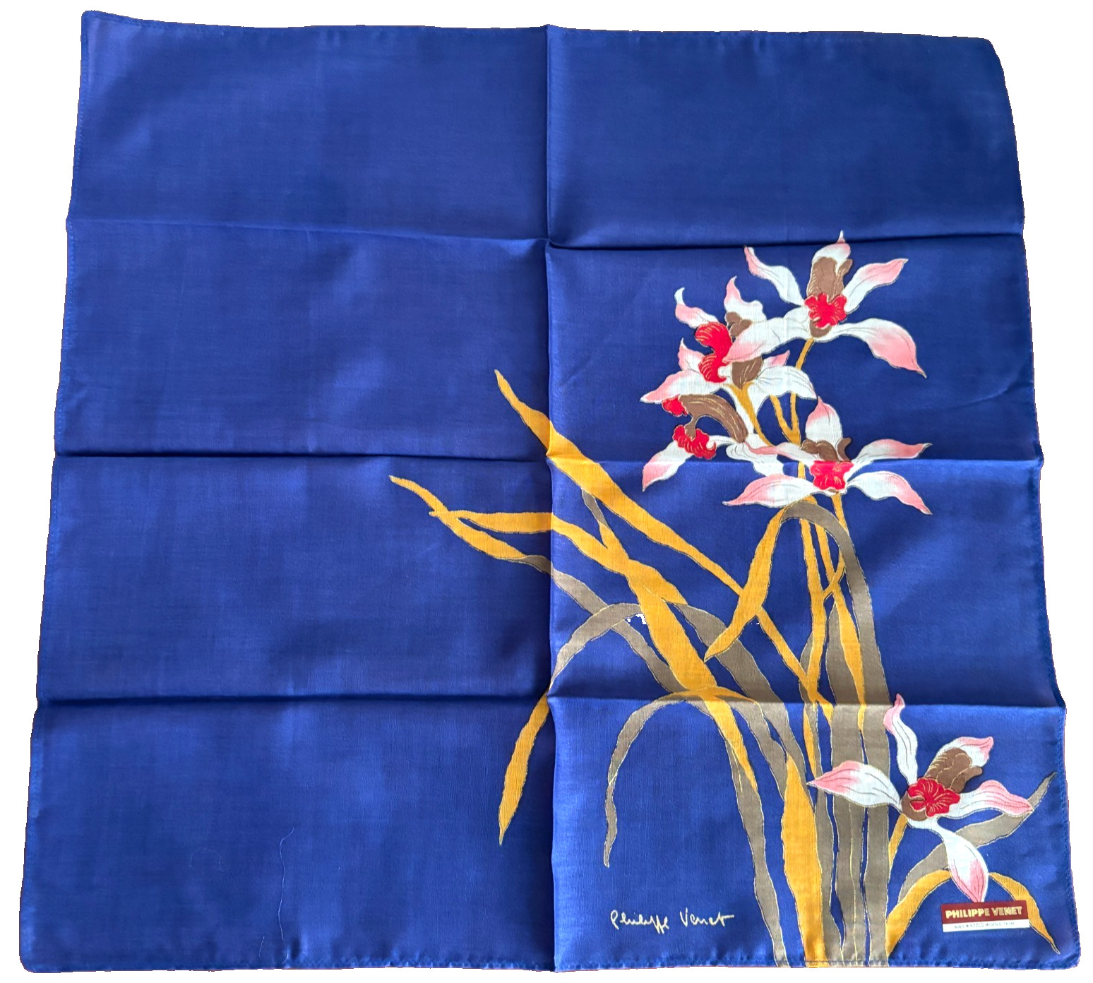 RARE Vintage PHILIPPE VENET Scarf Handkerchief Floral Orchid Navy Cotton Japan