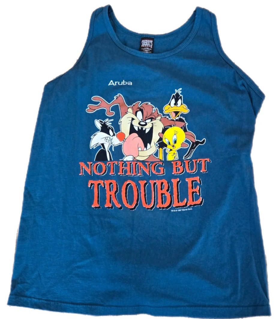 Sherry’s Best Mens Green Tank Top XL Aruba VTG Style Looney Tunes Graphic Print