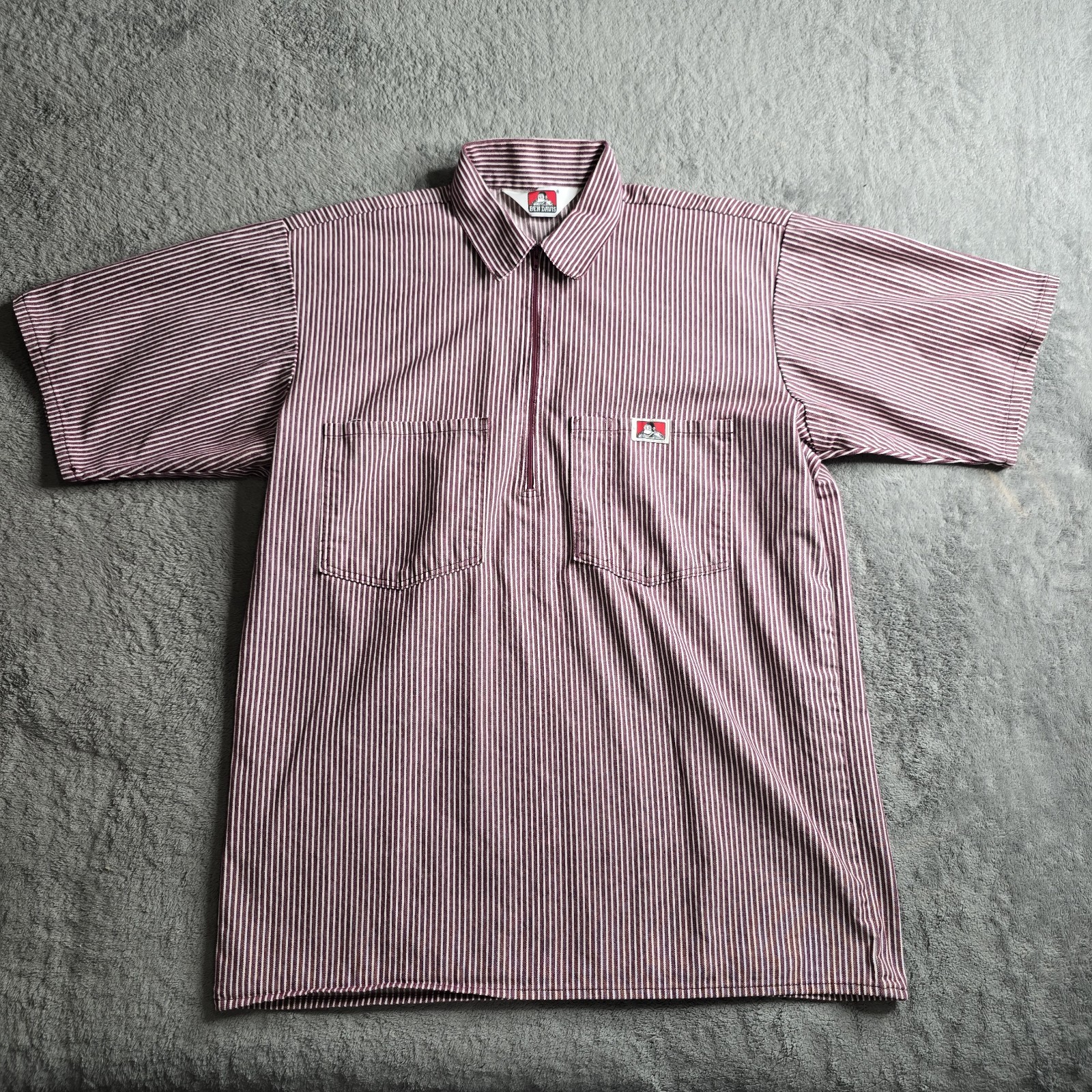 VTG Ben Davis Shirt Mens Medium 1/2 Zip Red Hickory Stripe S/S Made in USA