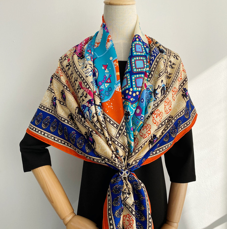 100% Silk elephant Print Pure Twill Silk Wrap Scarf Bandana Large Shawl 53″