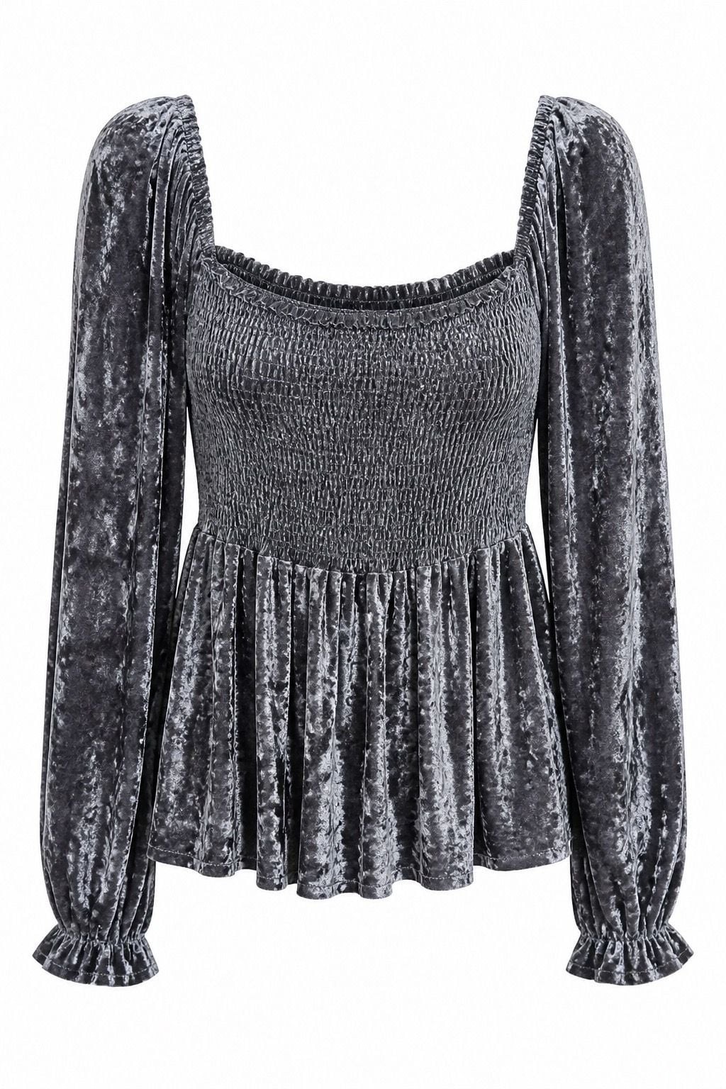 BIBI Smocked Square Neck Crushed Velvet Peplum Top