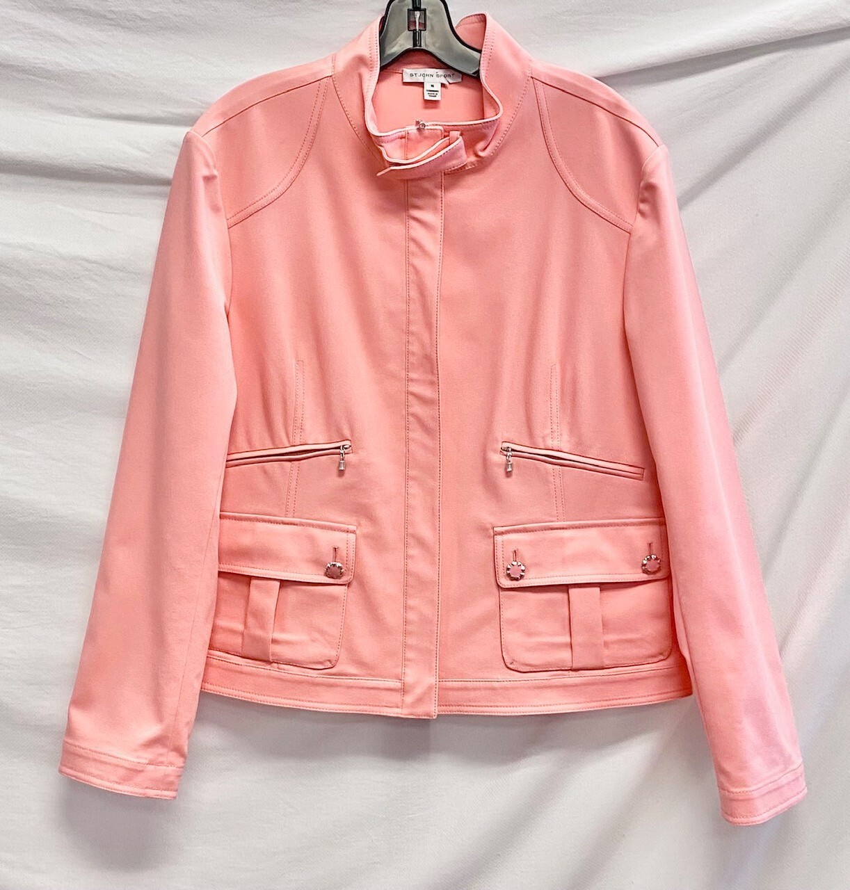 ST. JOHN Sport Pink High Neck Zip Front Multi Pockets Moto Biker Jacket 16 XL 💗