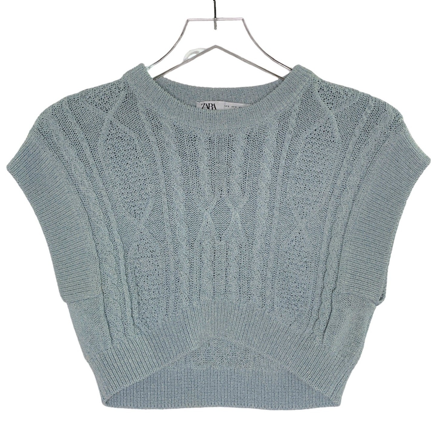 Zara S Womens Dusty Blue Cropped Cableknit Pull Over Vest Crewneck