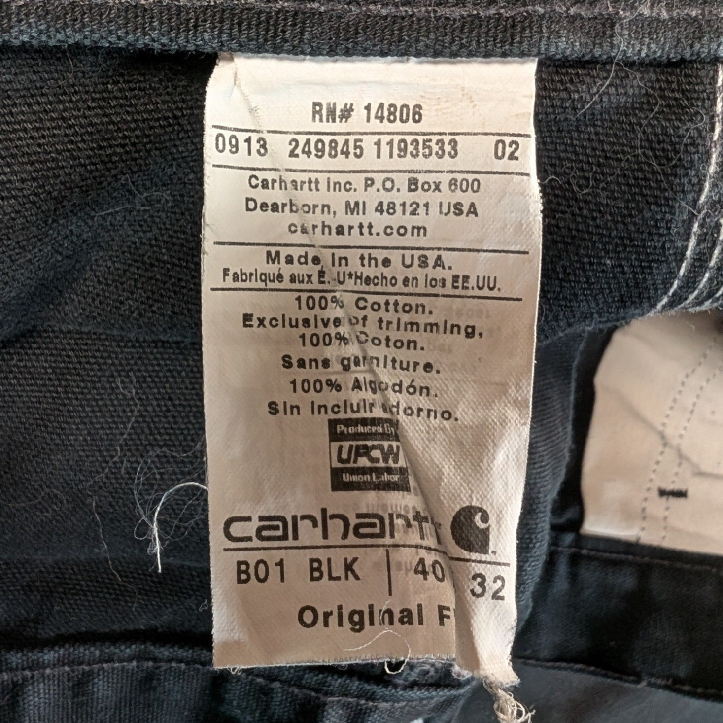 Carhartt B01 BLK Double Knee Work Pants Mens 40×32 Black Duck Canvas USA Made
