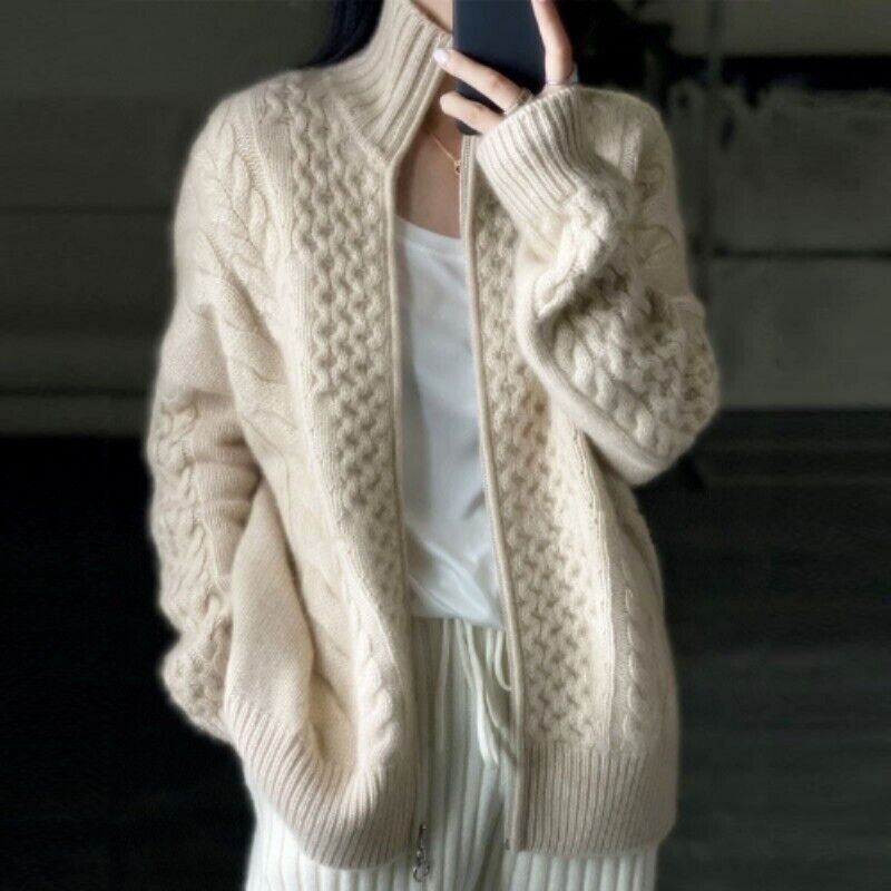 Cashmere Sweater Women’s Turtleneck Zipper Knitted Cardigan Slouchy Loose/Jumper