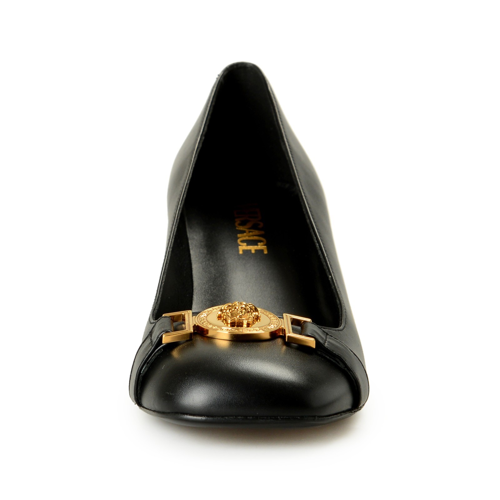 Versace Women’s Gold Medusa Black Leather Heeled Pump Shoes US 10 IT 40