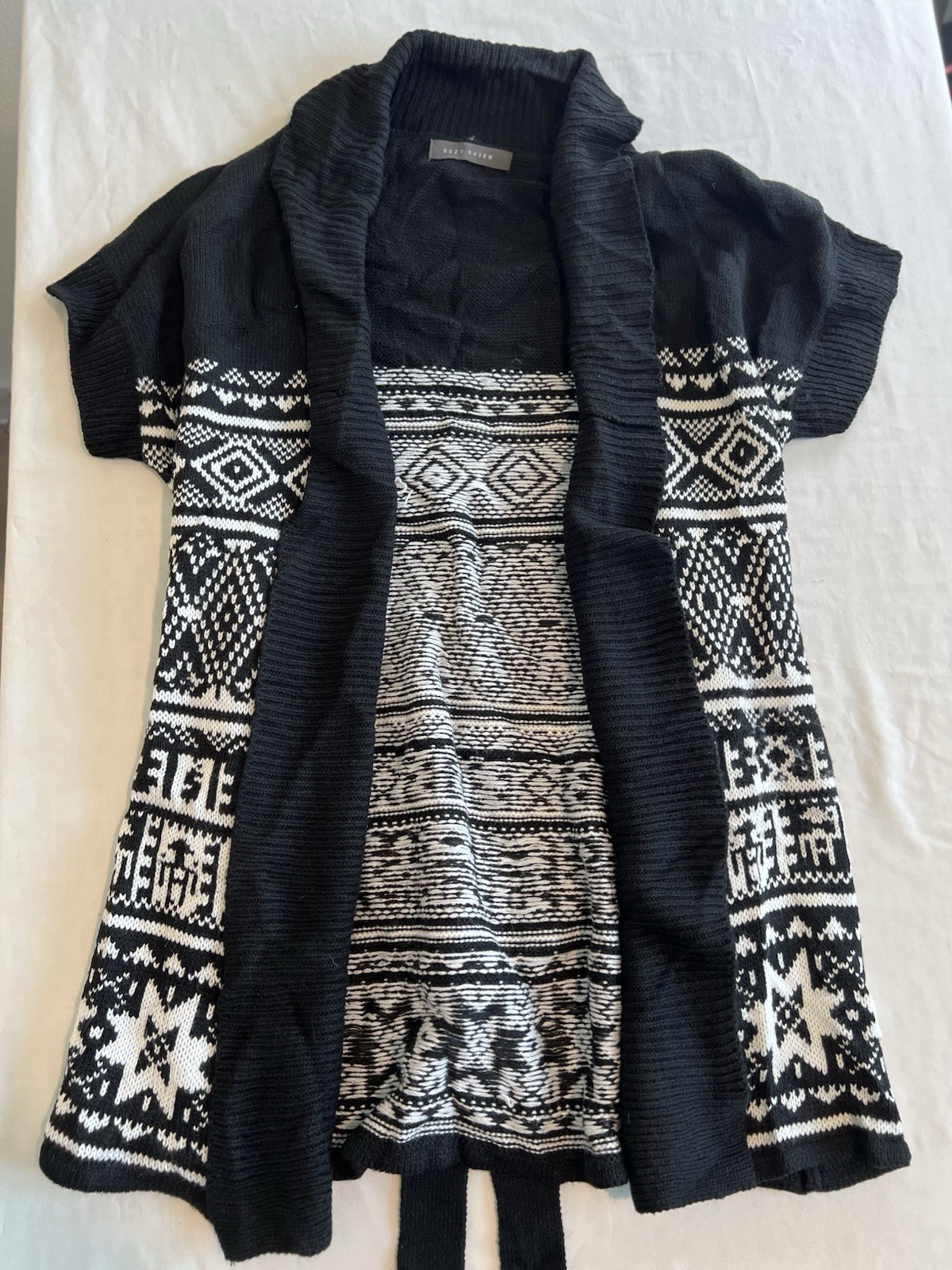 Black White Aztec Geometric Cardigan Open Front Short Sleeve Boho Knit Sweater