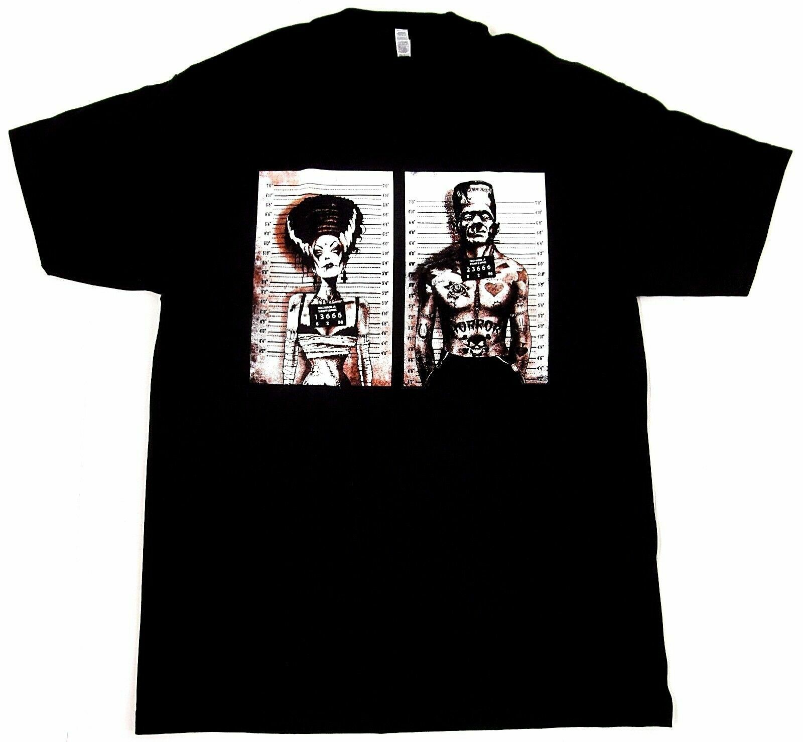 FRANKENSTEIN T-shirt Horror Movie Bride Mug Shot Tee Adult Men’s Black New