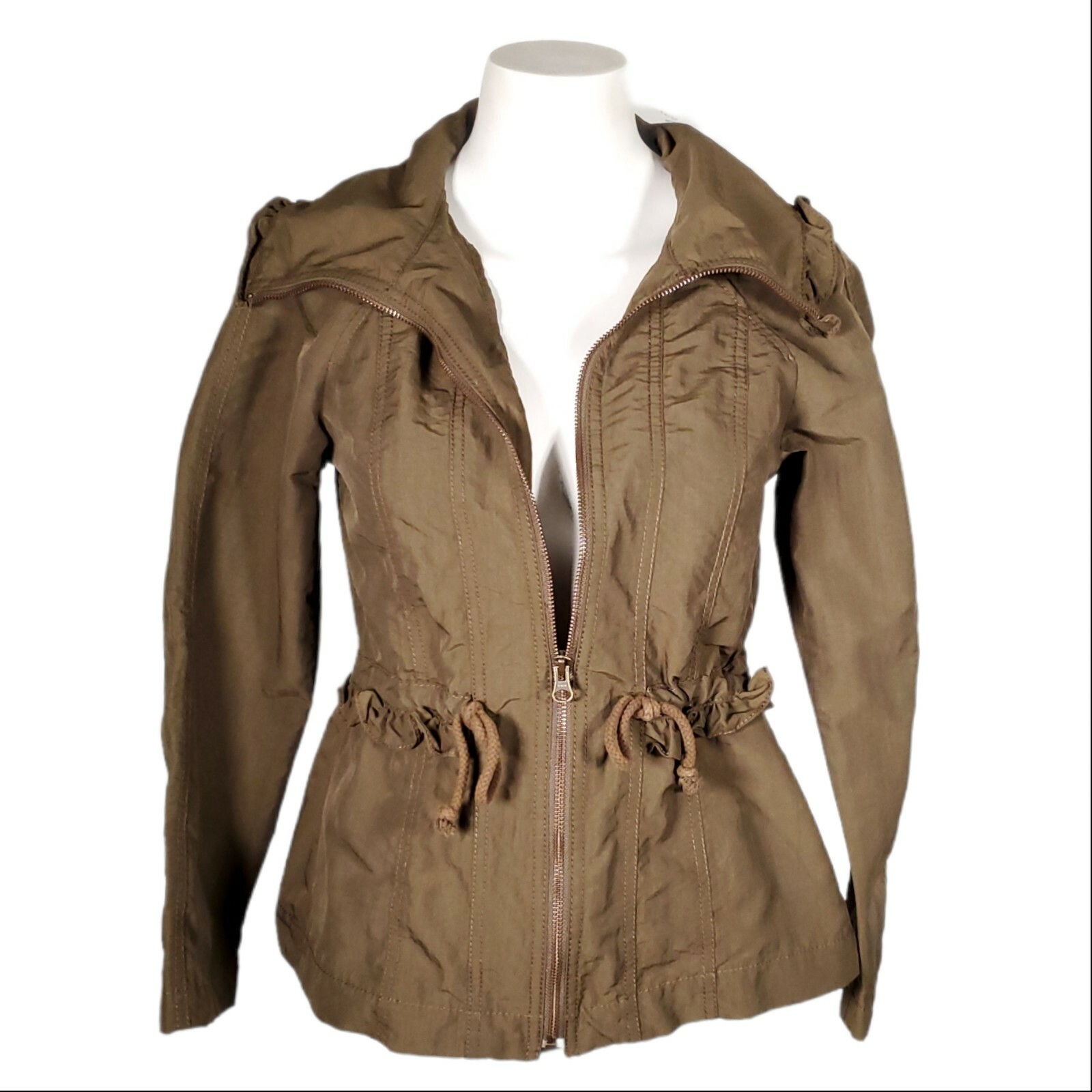 LOFT Bomber Jacket Coat Olive Green Army Ruffle Cinched Adjustable Wasit