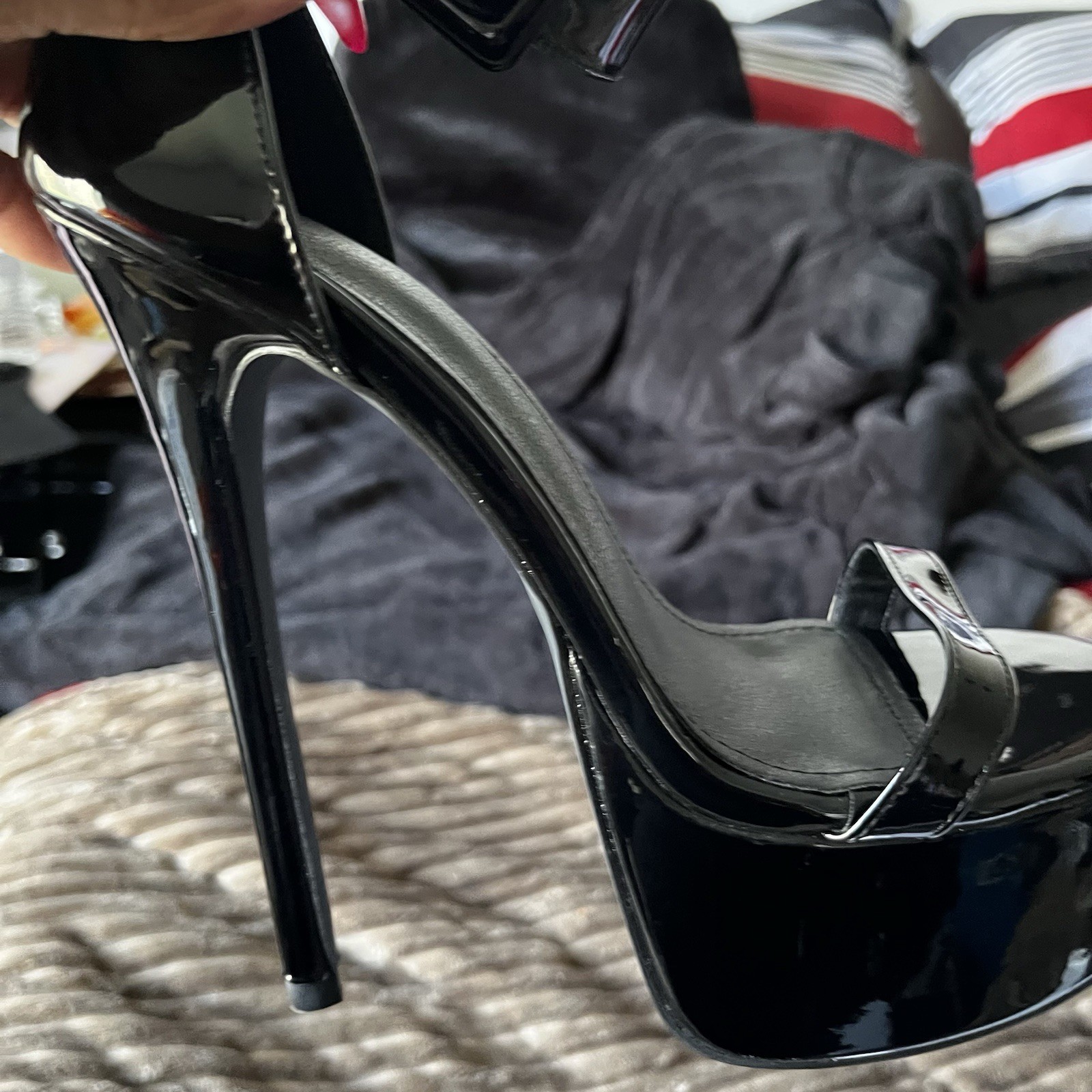 Women’s Black Patent Leather Open Toe Platform Stiletto Ankle Strap Buckle 10