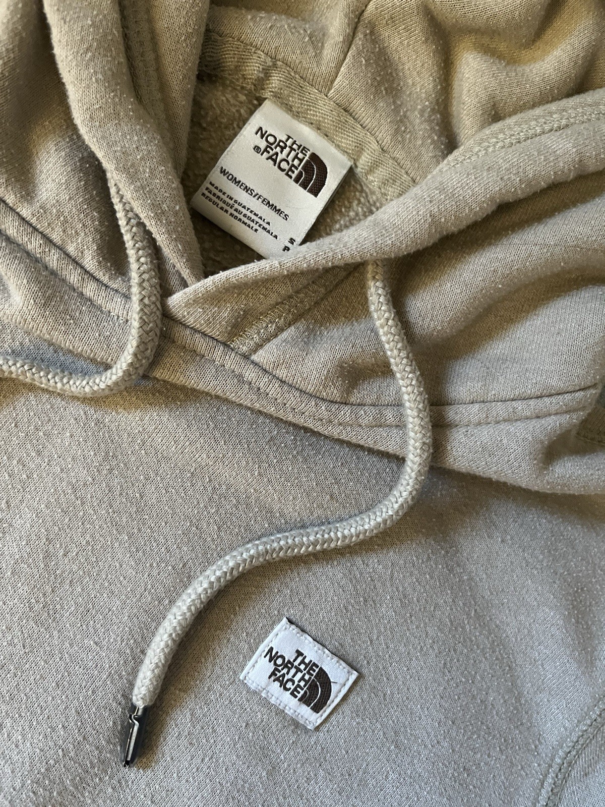 The North Face Beige Fleece Pullover Hoodie, Logo Drawstring, Pockets, Size S