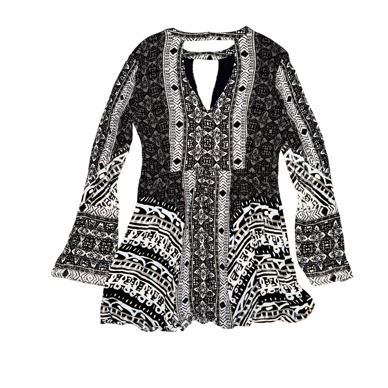 Free People Tegan Border Printed Mini Dress Womens Sz 10 Black White L/S Keyhole