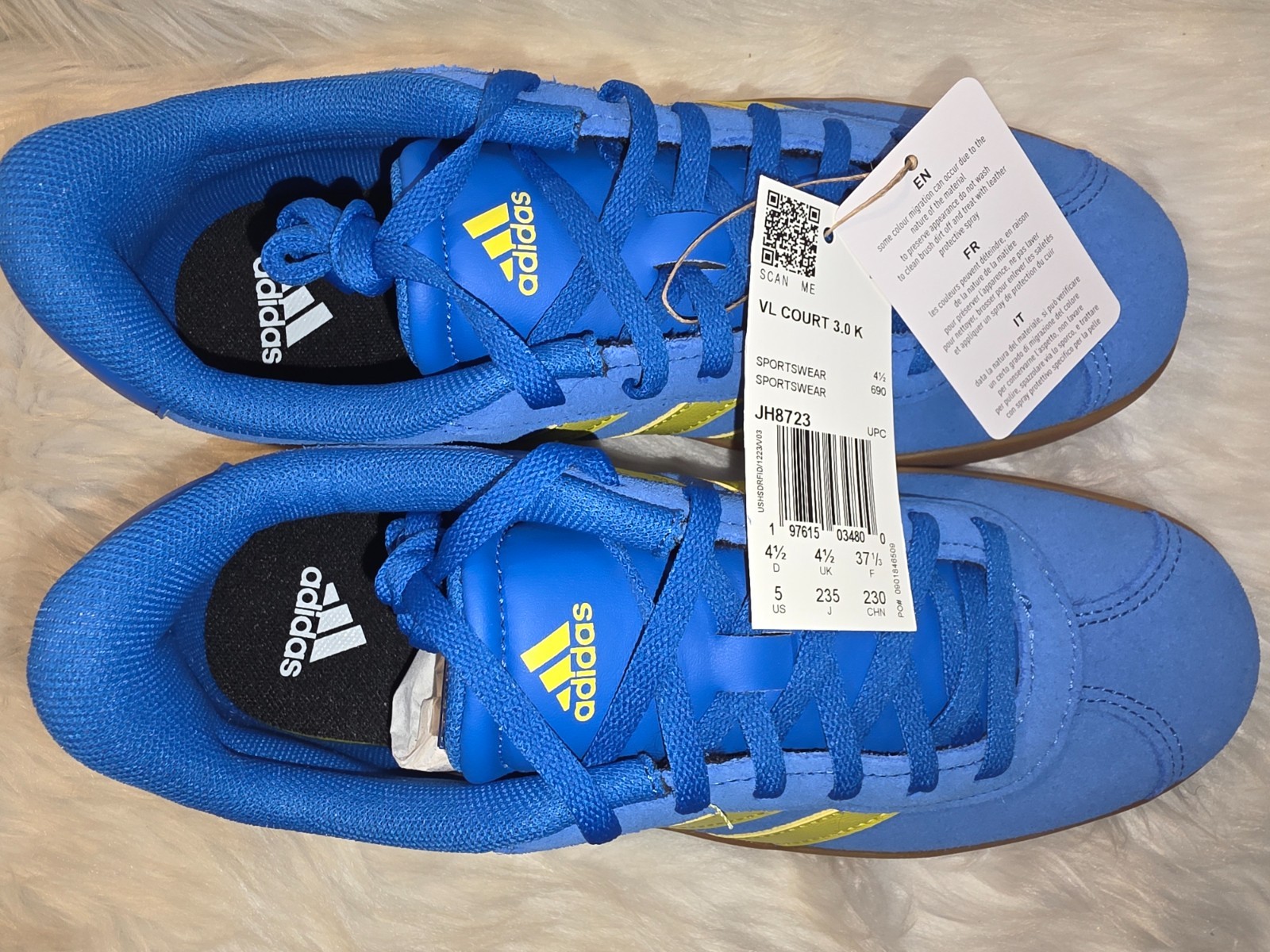 Youth Shoes adidas VL Court 3.0 K Bright Royal Yellow Gum Size 5 JH8723