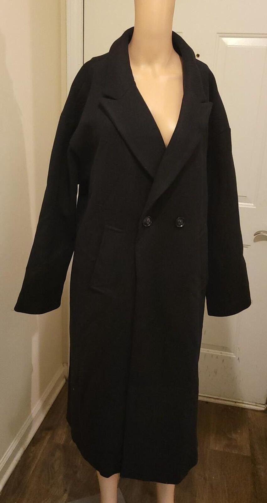 Allegra K Black Double-Breasted Classic Women’s Long Trench Fashion Coat Size L