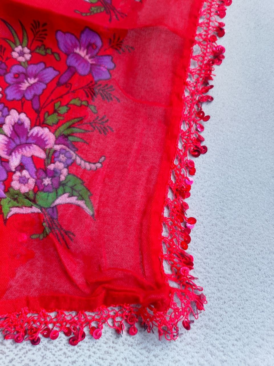 Red Floral Scarf with Sequin Trim