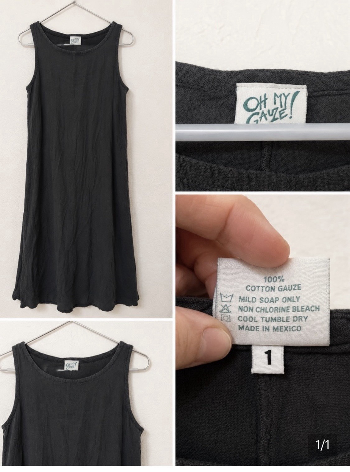 Oh My Gauze! Black Solid Round Neck Sleeveless Shift Knee Dress, Size 1