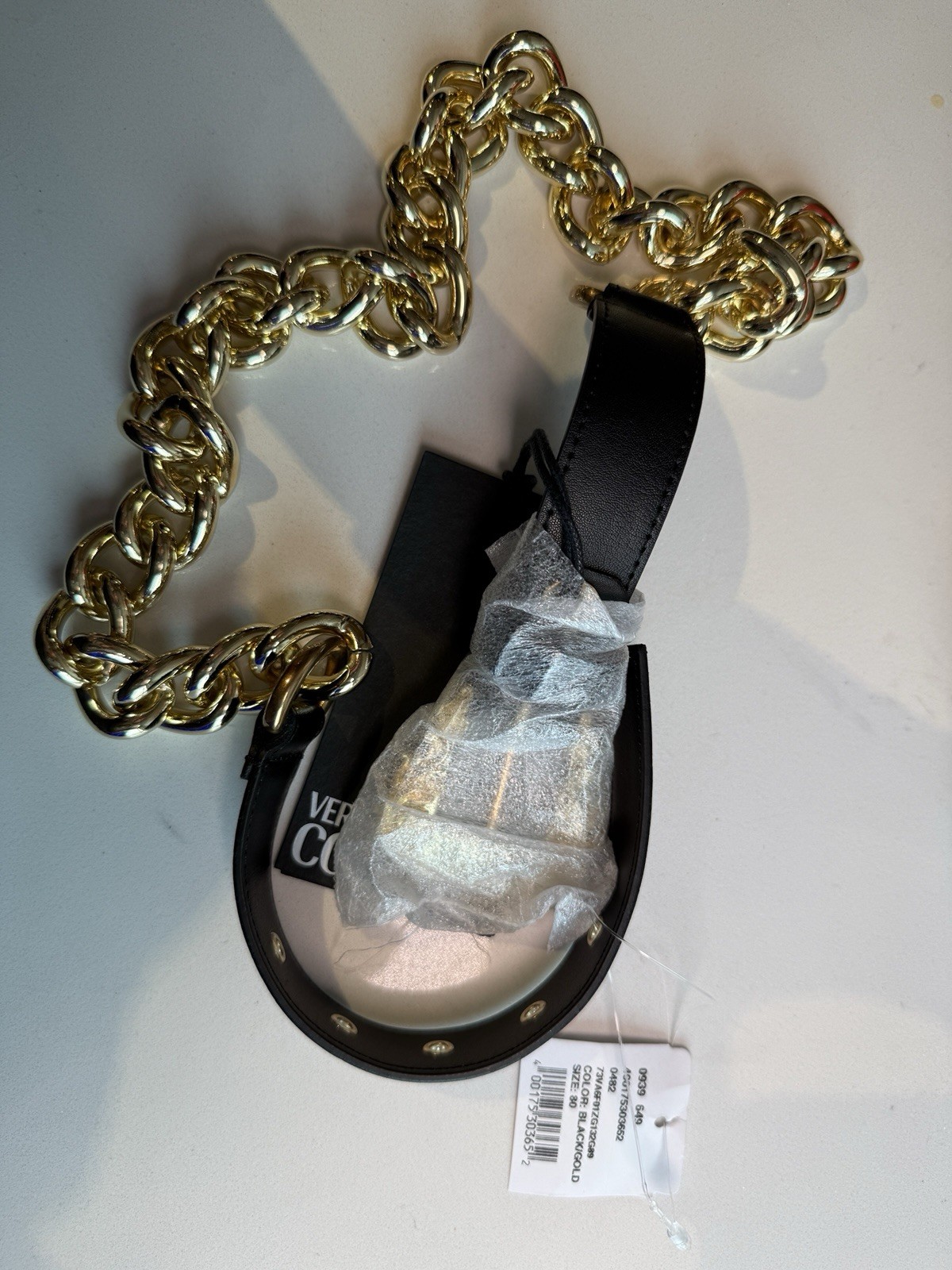 Authentic Gold Chain Versace Couture Women Belt with Black Leather Strap!