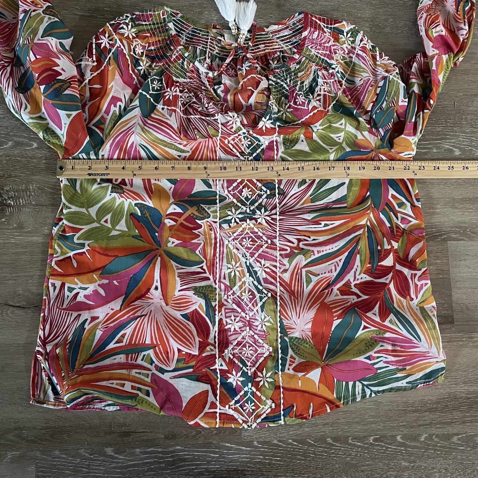 C&C California Top Womens M Tropical Floral Smocked Tassel Tie Neck Cotton Pink
