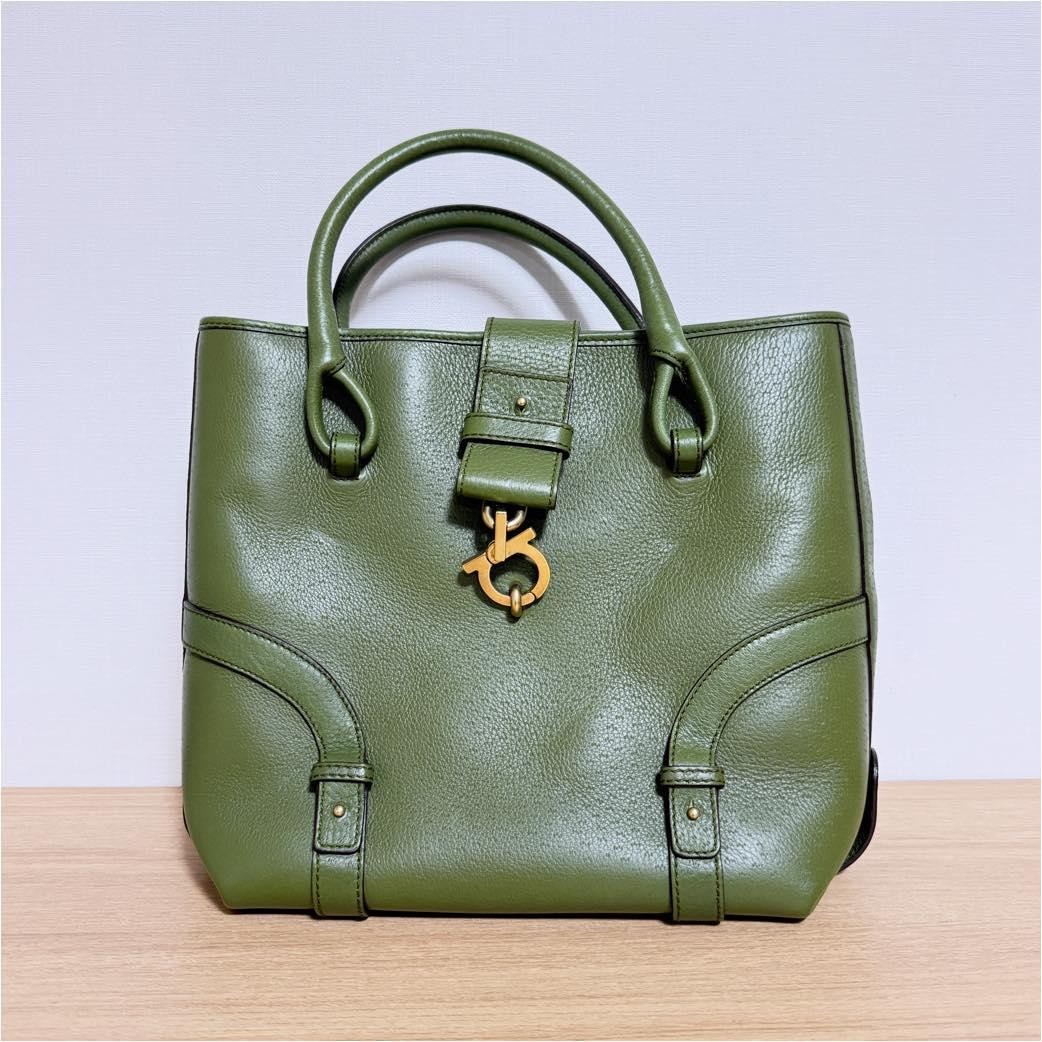 Salvatore Ferragamo Gancini Leather Tote Bag Green Handbag 12.2in x 10.2in x 5.3