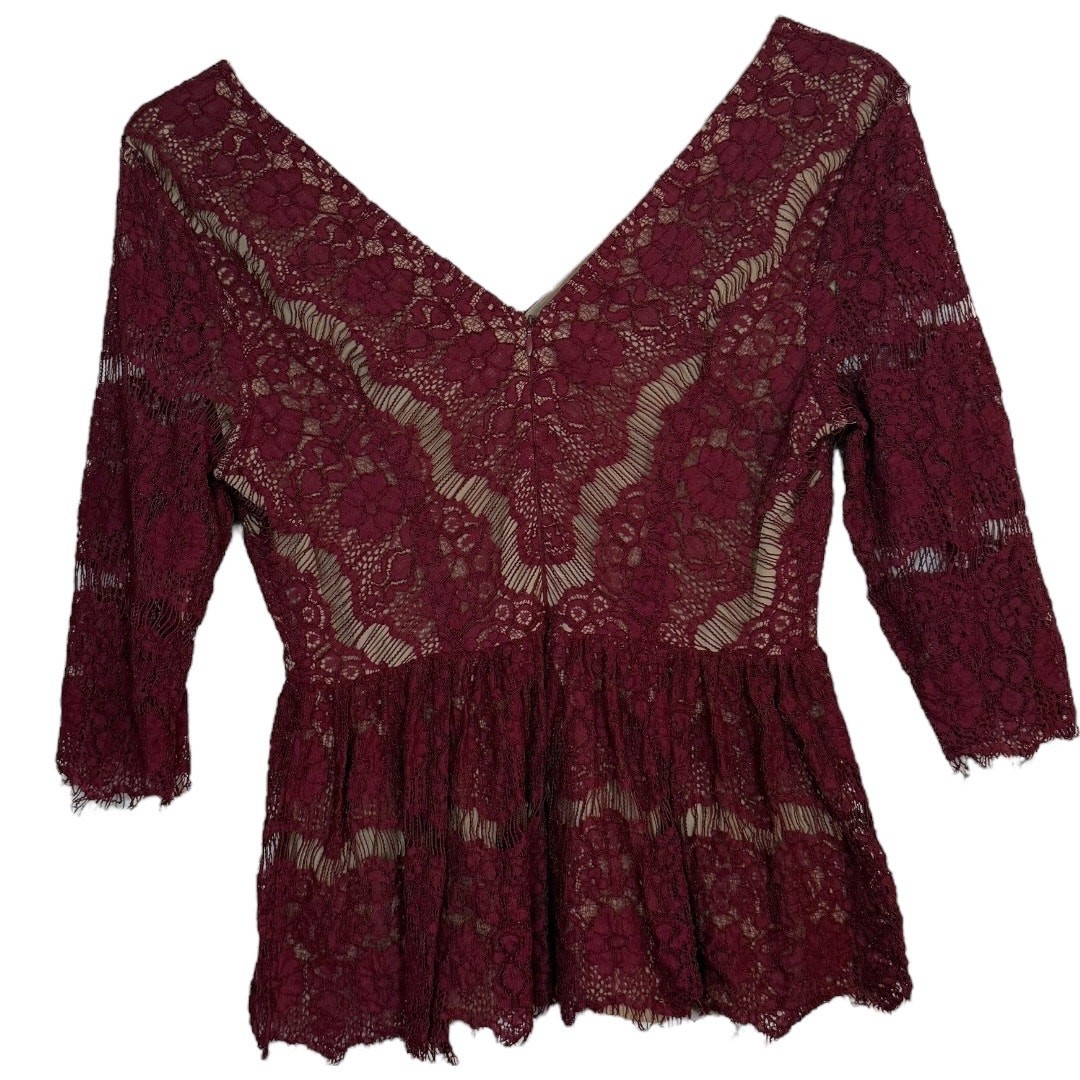 Maeve Anthropologie burgandy lace 3/4 sleeve peplum blouse – small