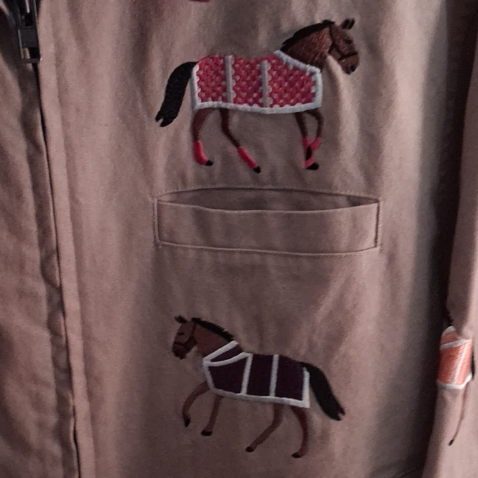 FOUND Women’s S Beige/Brown Horse Embroidered Zip Jacket, Pockets, Short