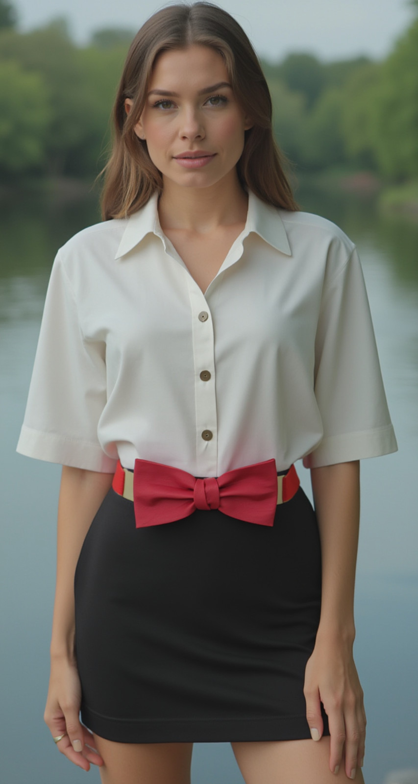 Women Belt Gold Metal Stretch Waistband Red Faux Leather Bow Tie Ribbon Gfit S M