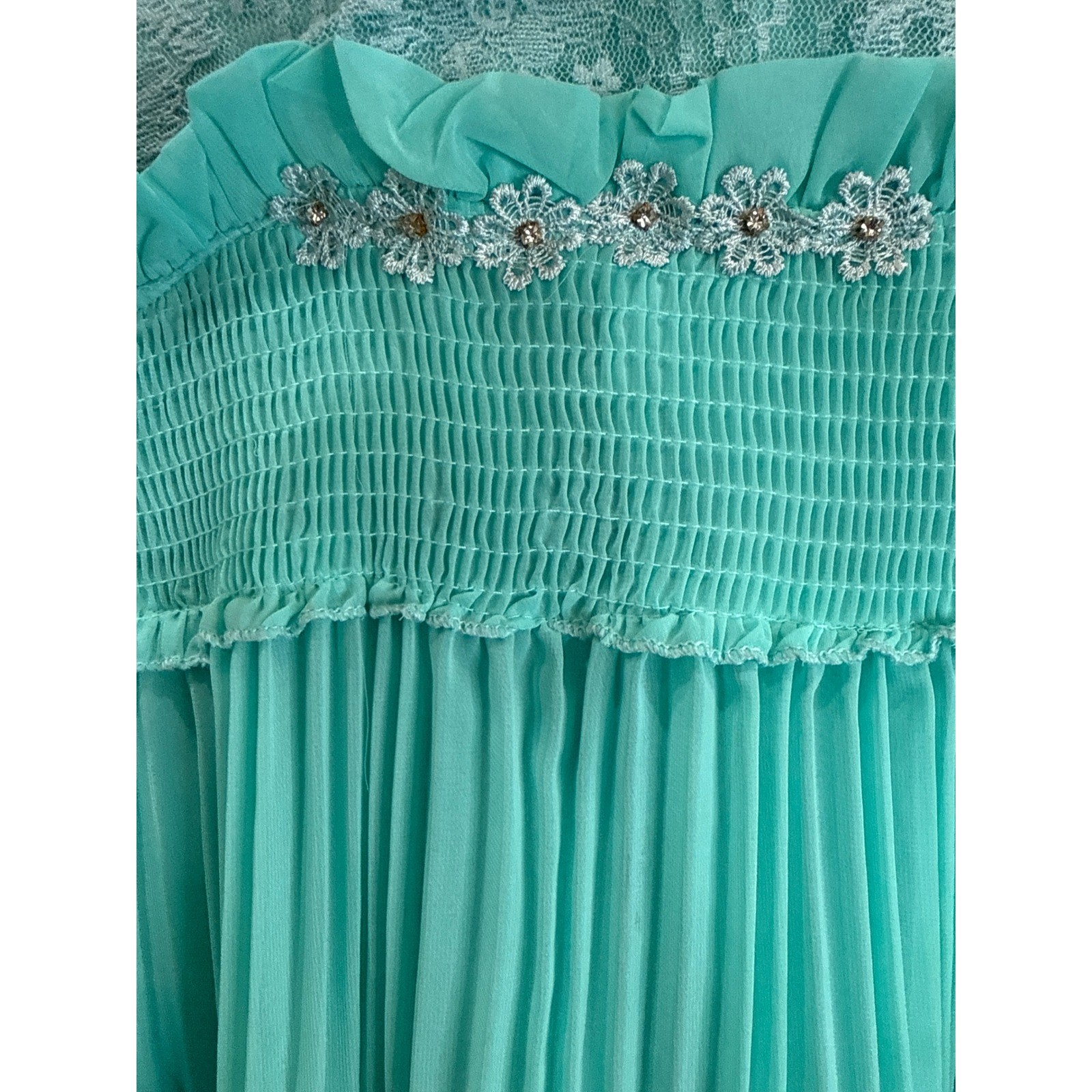 KID CO Aqua Blue Lace Trim Pleated Tunic Dress Teen 16/ Small Adult Rhinestone