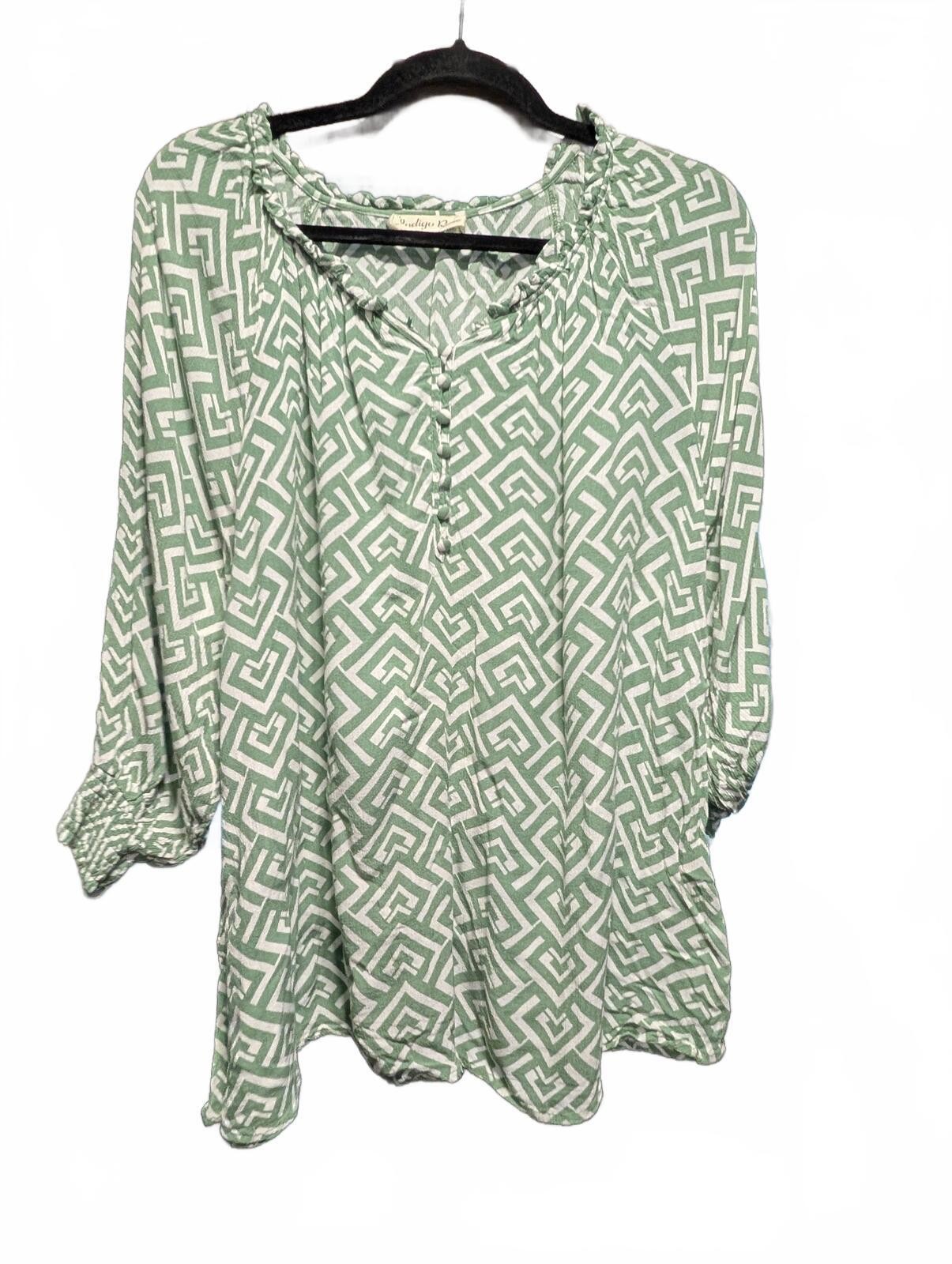 Indigo Rose Green Geometric Print Button Front Blouse Tunic Size 1X