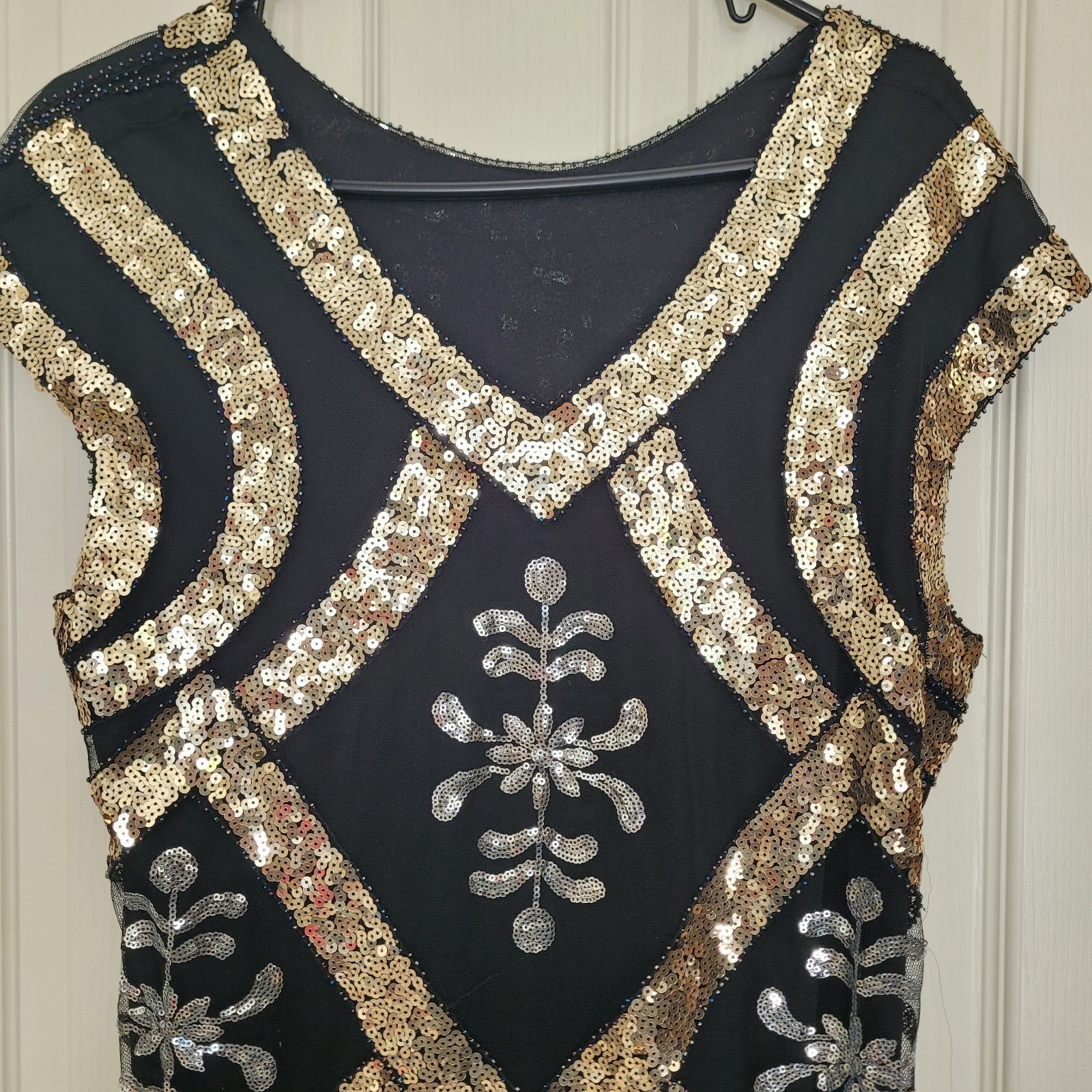 XXL Black Gold Mesh Gown Long Formal Dress Sequin Beaded Geometric Gatsby