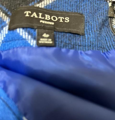 Talbots 4P Blue & Gray Wool/Viscose Lined Plaid Skirt, Invisible Back Zipper