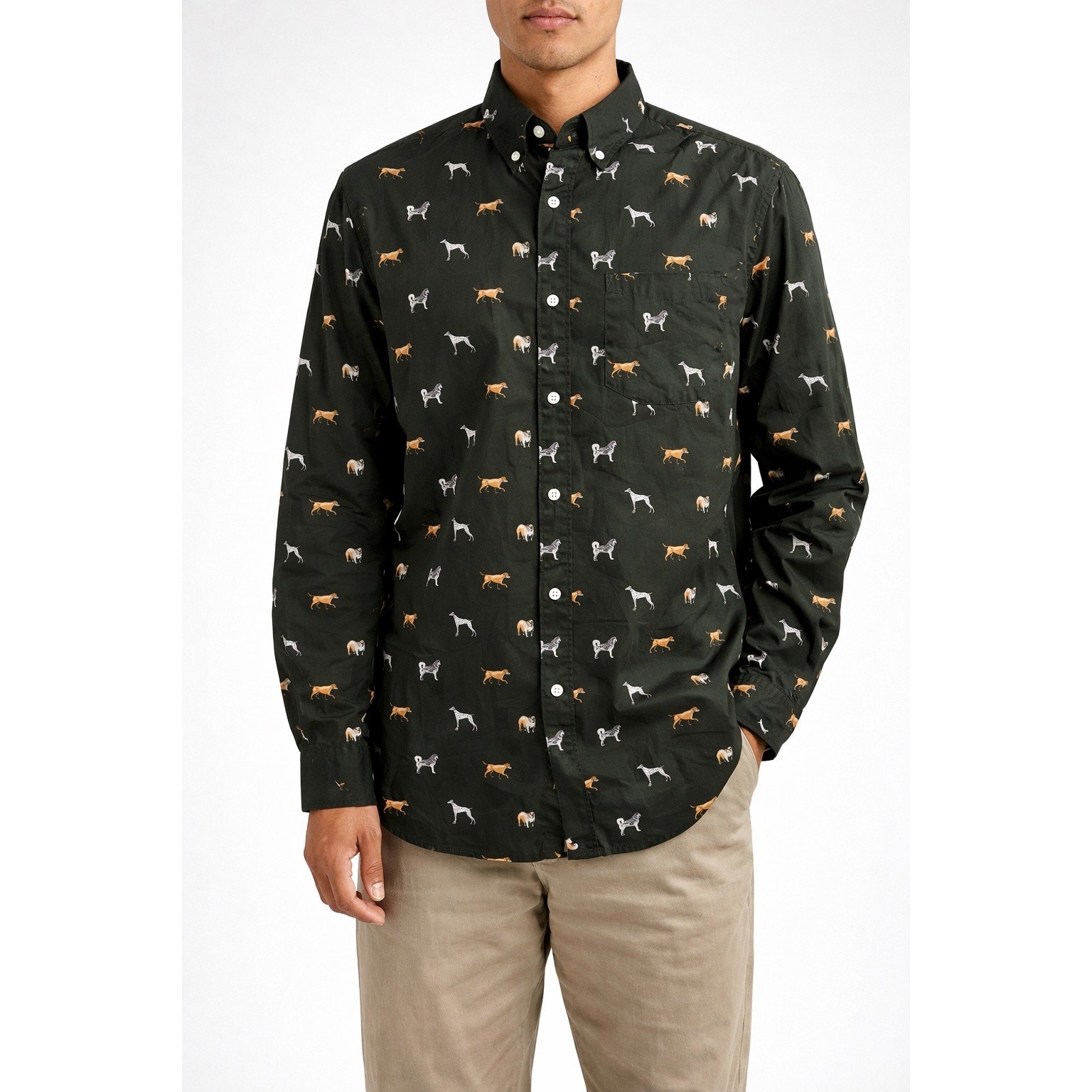 J Crew Classic Fit Green Long Sleeve Button Down Shirt All Over Dog Print Men Lg