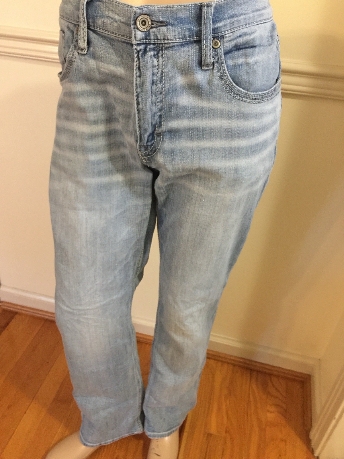 BKE Men Pant Tag 34 R Jake Blue Jean 99% Cotton 1% Spandex Flex Bootleg Distress