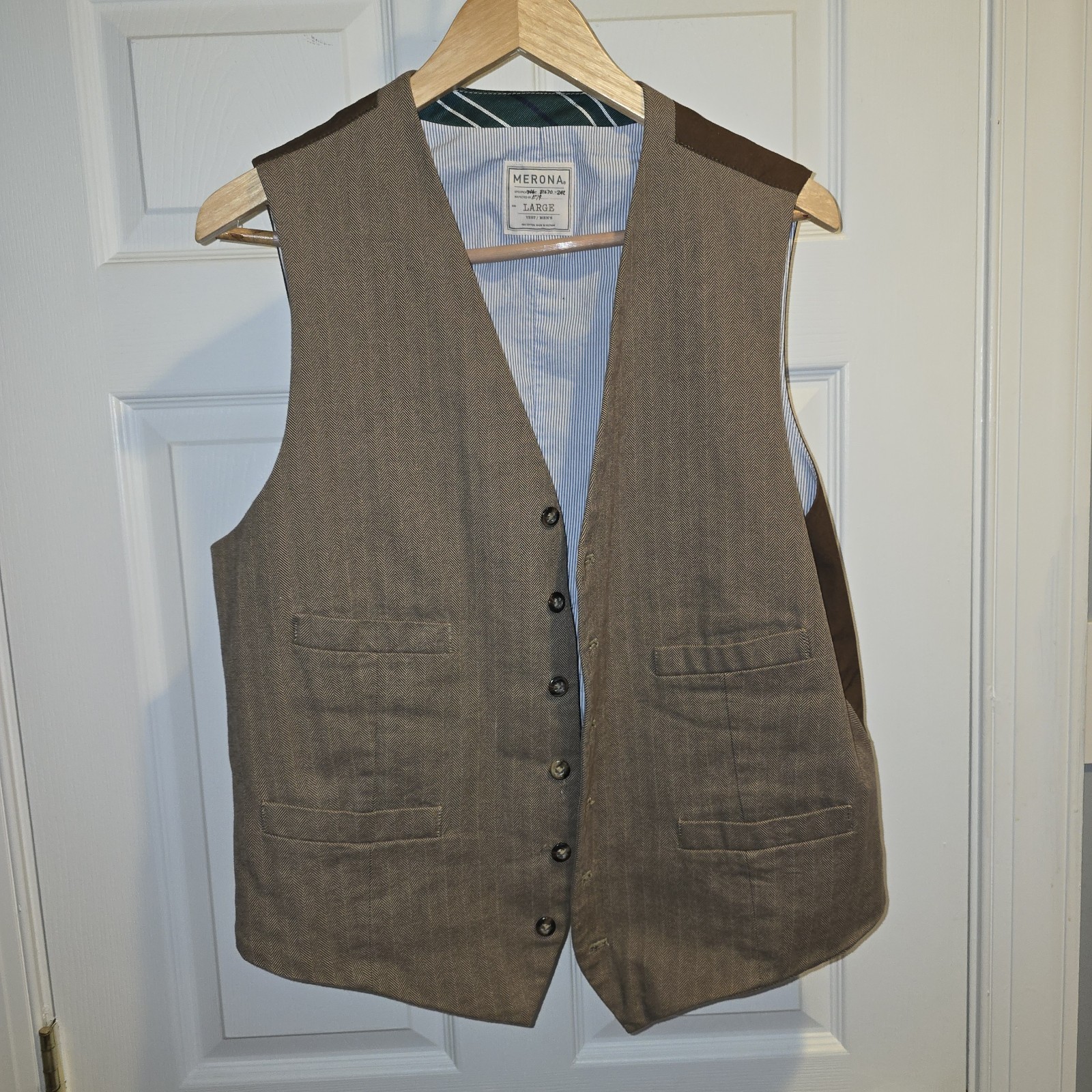 Merona Men’s Vest Large Brown Herringbone Cotton 4-Pocket Preppy Classic Casual