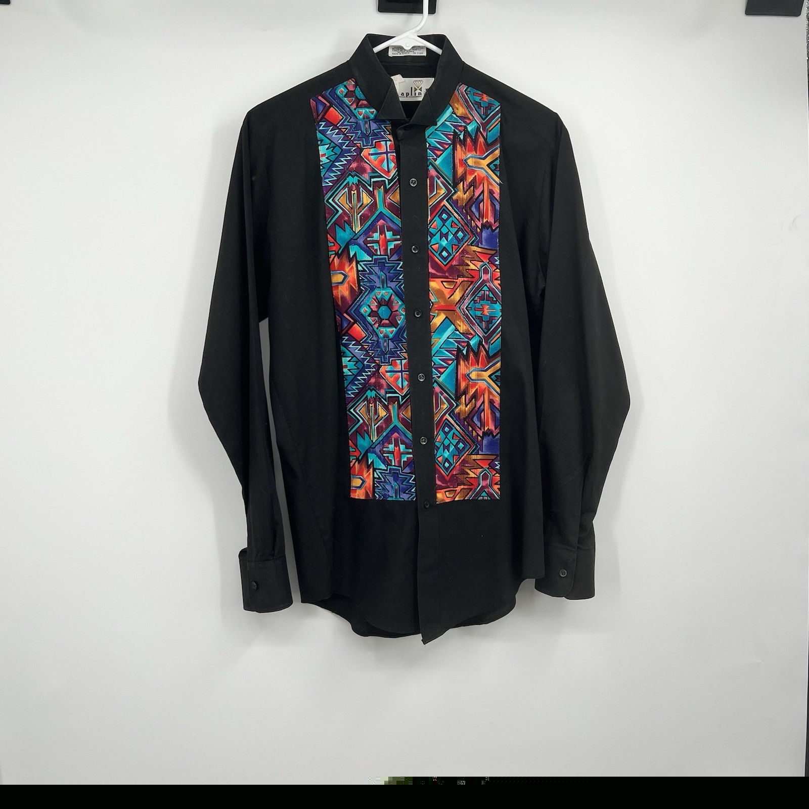 VTG Chaplin Southwestern Western Rodeo Aztec Black Button Long Sleeve Embelished