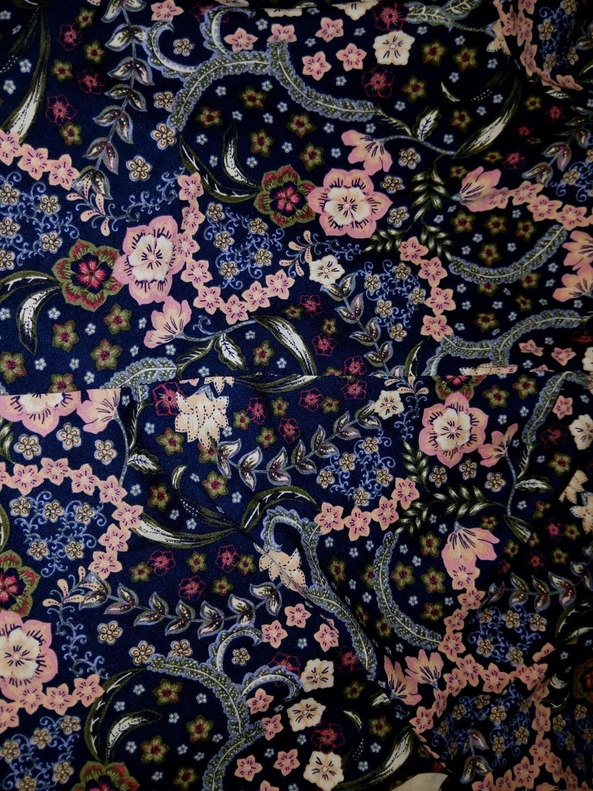 Ann Taylor Loft Japanese Floral Top Sz M/Petite Navy/Pink Artsy Bell Sleeve Boho