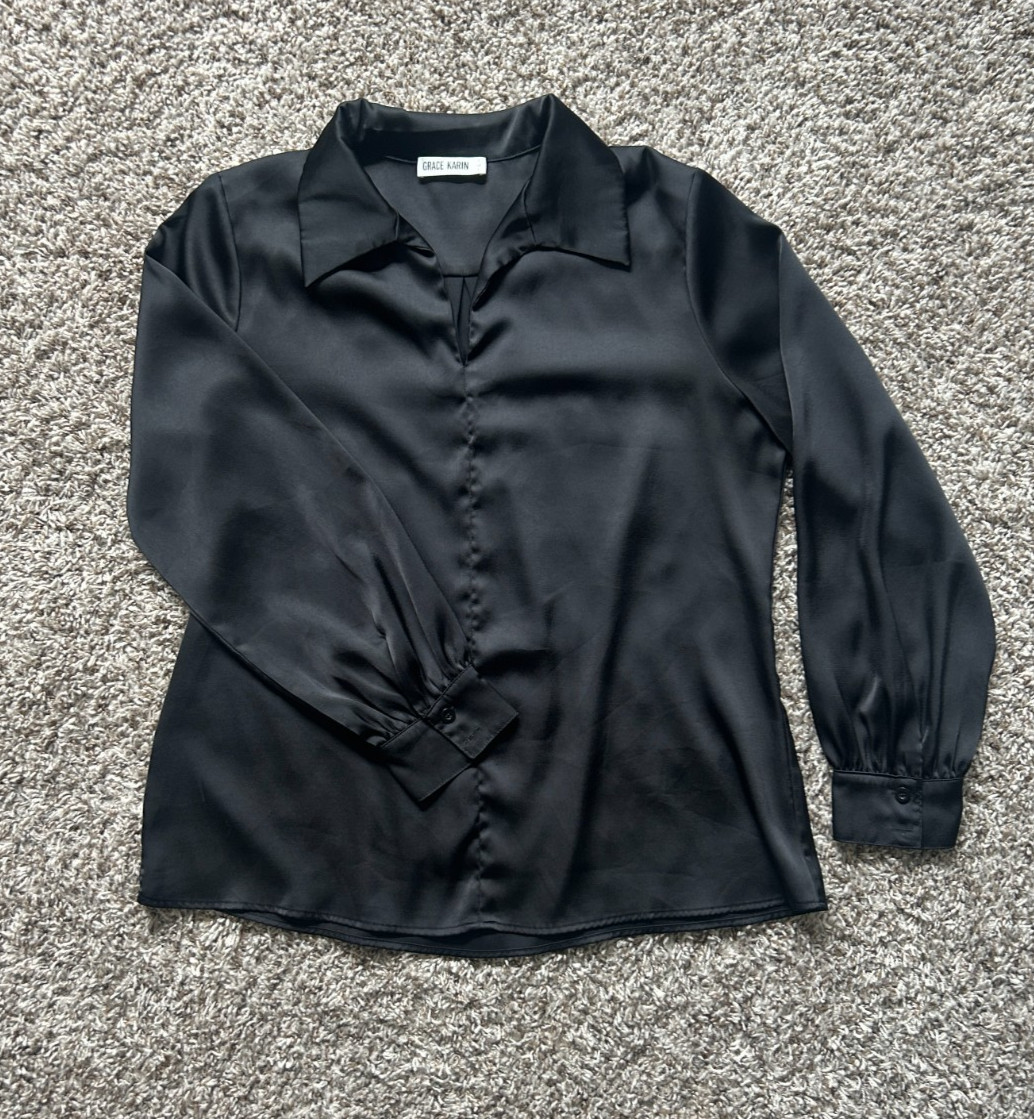 Grace Karin Black Satin Long-Sleeve Women’s Blouse V-Neck Collared Size Large