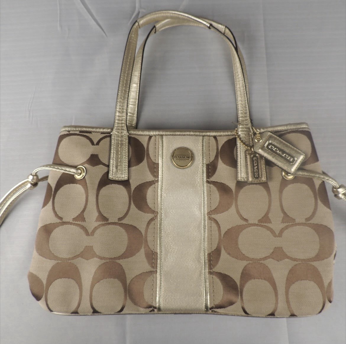 Vintage Coach Signature Stripe Tote Khaki Brown Canvas Shoulder Bag Purse
