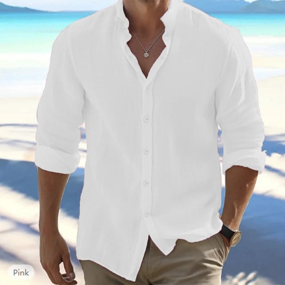 Linen Shirt Men Long Sleeve Casual Summer Beach Button Up Cotton Breathable Top