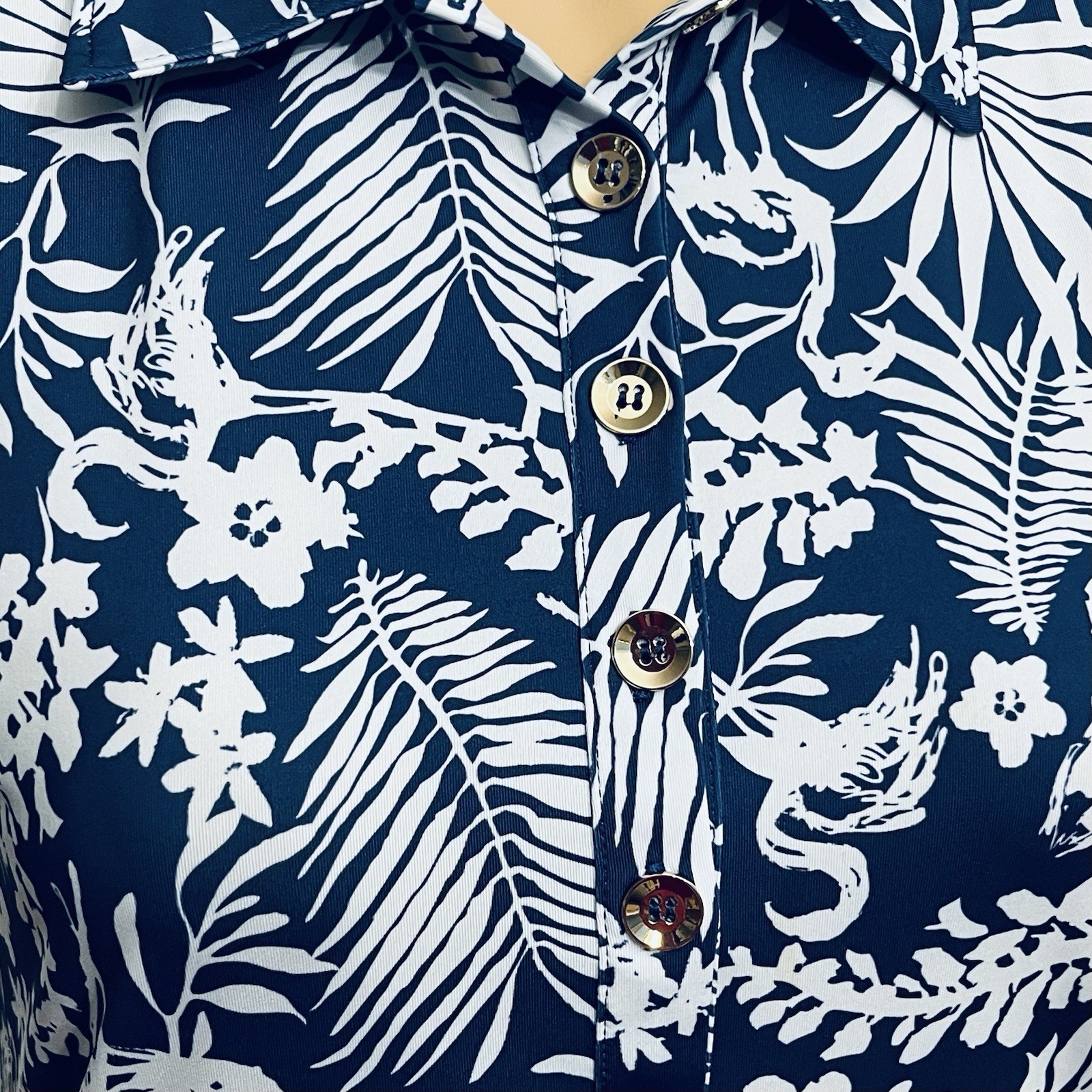 Ana Clare Dress UPF 50+ Tropical Floral Print Gold/Button 3/4 Bell Sleeve Sz S