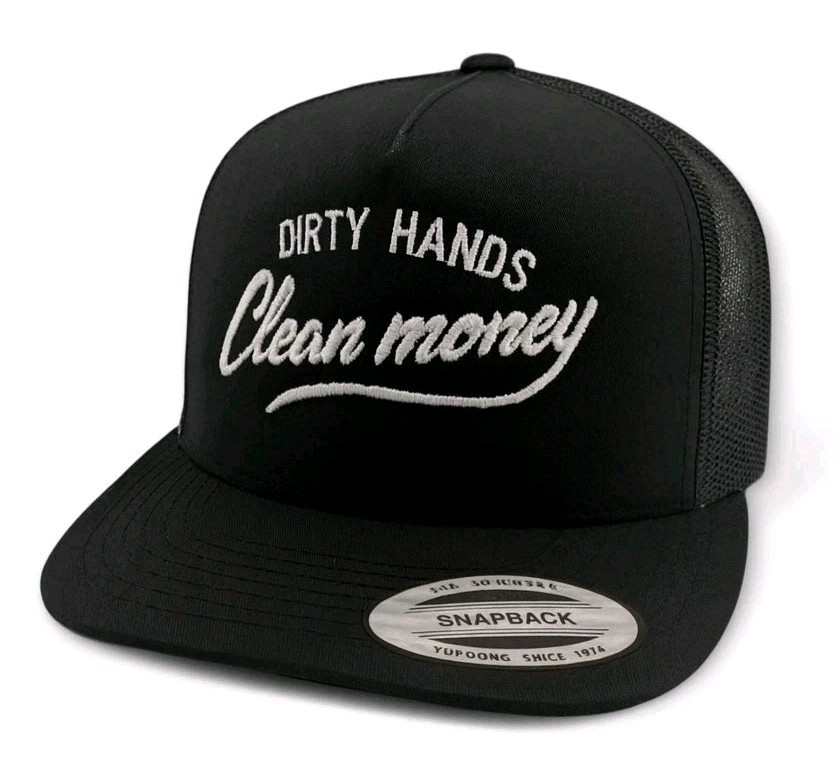 Dirty Hands Clean Money Snapback – Yupoong Black Flat Bill Embroidered Hat