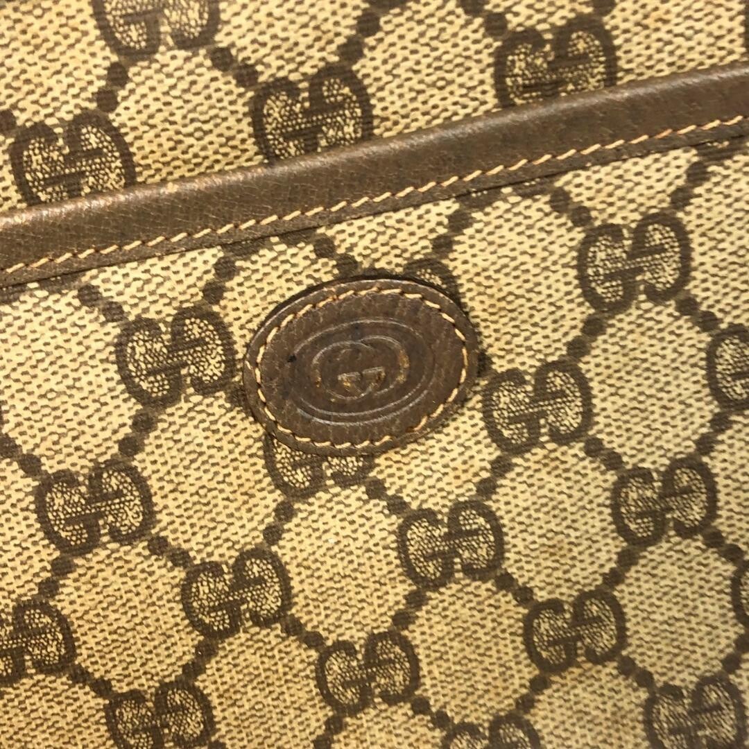 GUCCI Vintage GG Supreme Small Clutch Beige Canvas Leather Trim Wristlet Auth