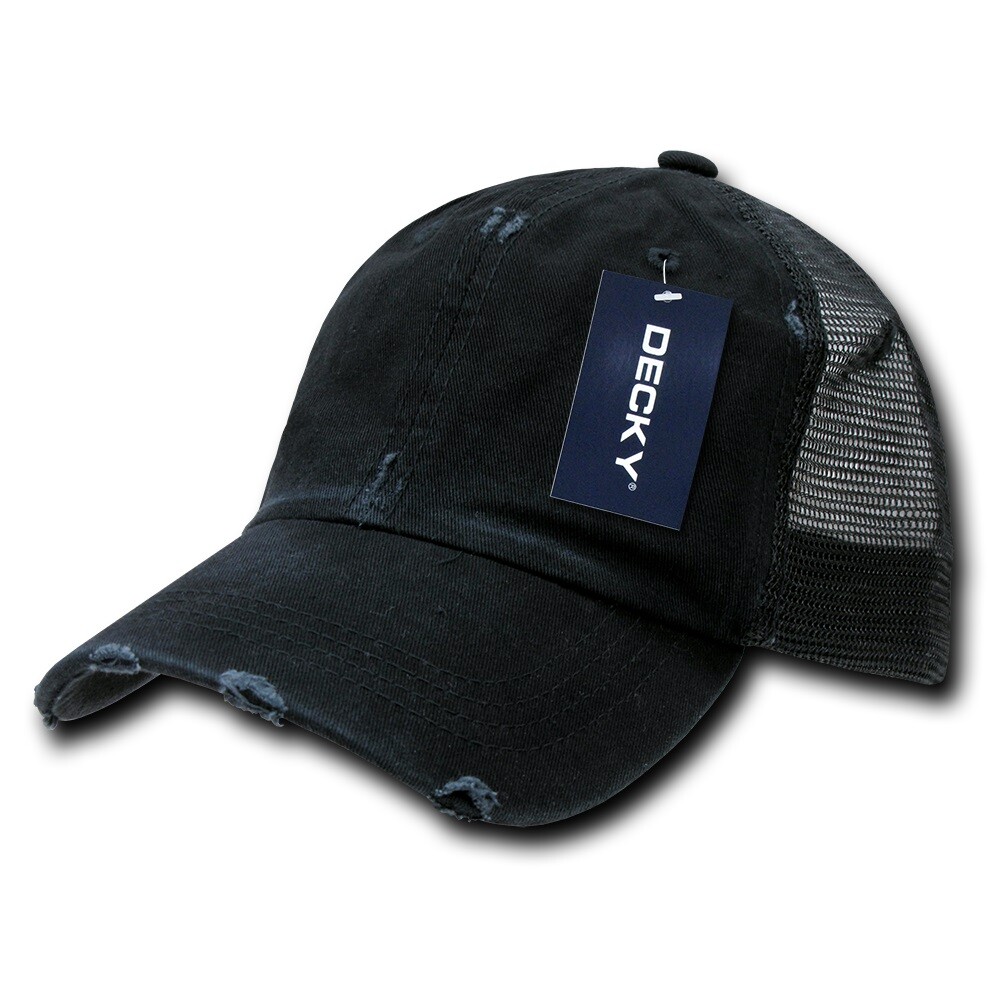 Distressed Mesh Cap – Black, Washed Cotton Trucker Hat (Decky 110-BLK)