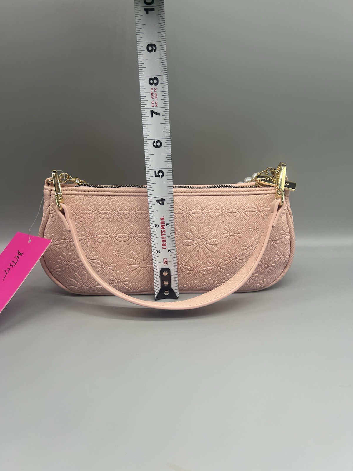 Betsey Johnson Pink Embossed Shoulder Bag Zip Pearl Chain Detach Strap NEW