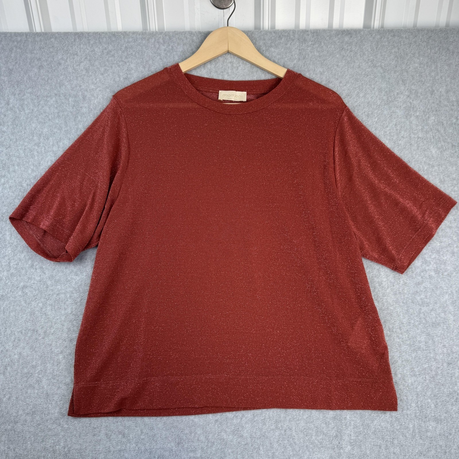 Momoni Top Womens Medium Rust Red Metallic Knit Shimmer Short Sleeve Italy