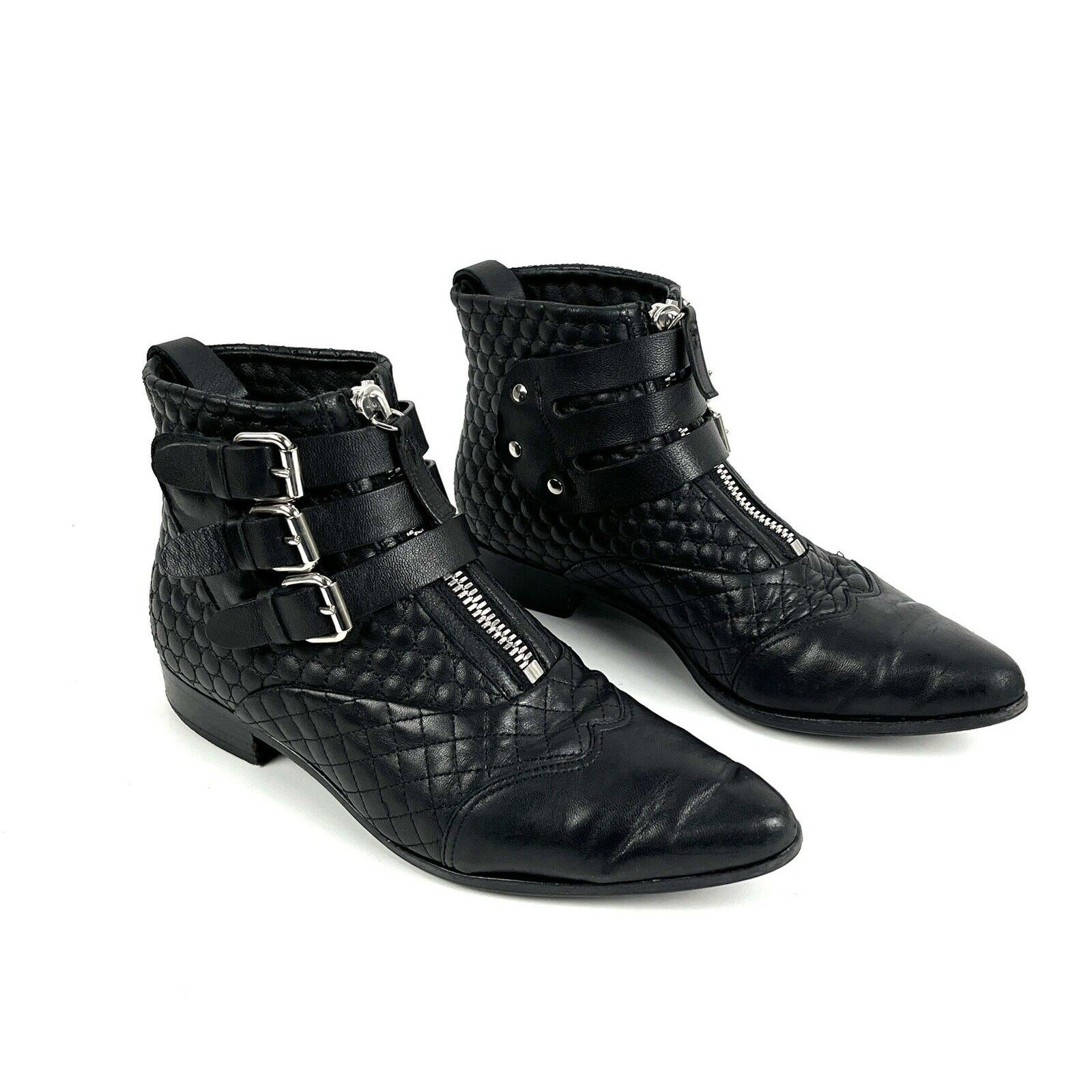 Tabitha Simmons Early Ankle Boots Size 6.5 EU 36.5 Black Quilted Buckle Pointed