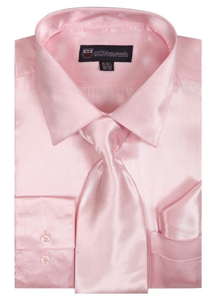 Men’s Shiny Satin Polyester Formal Dress Shirt w/ Tie and Hanky Set #08 Solid